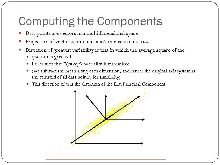 Computing the Components Data points are vectors in a multidimensional space Projection of vector