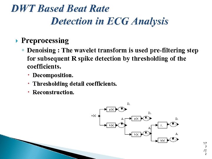 DWT Based Beat Rate Detection in ECG Analysis Preprocessing ◦ Denoising : The wavelet