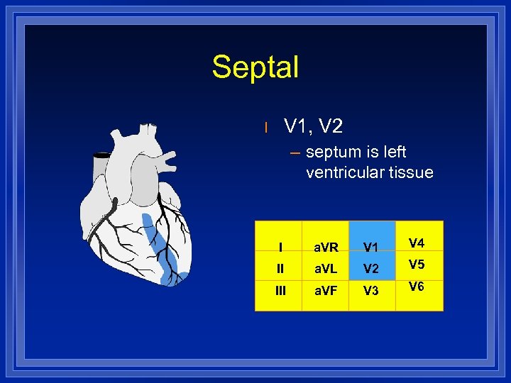 Septal V 1, V 2 l – septum is left ventricular tissue I a.