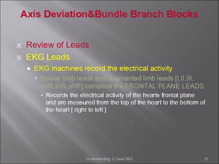 Axis Deviation&Bundle Branch Blocks Review of Leads EKG Leads EKG machines record the electrical