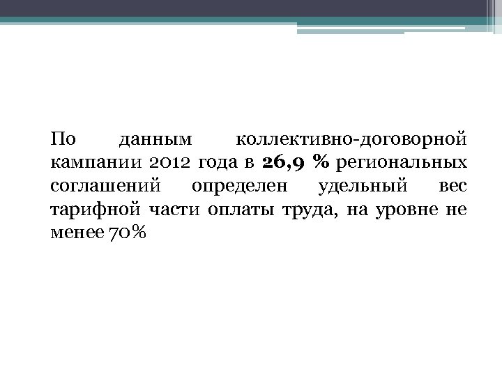 По данным коллективно-договорной кампании 2012 года в 26, 9 % региональных соглашений определен удельный
