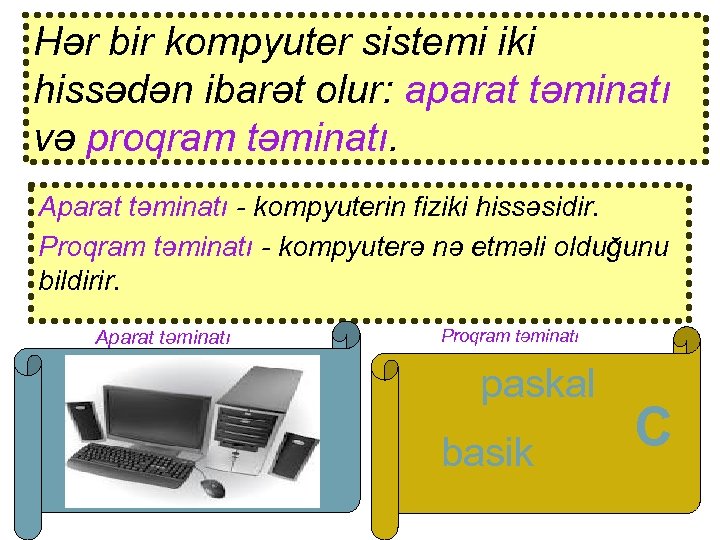 Hər bir kompyuter sistemi iki hissədən ibarət olur: aparat təminatı və proqram təminatı. Aparat