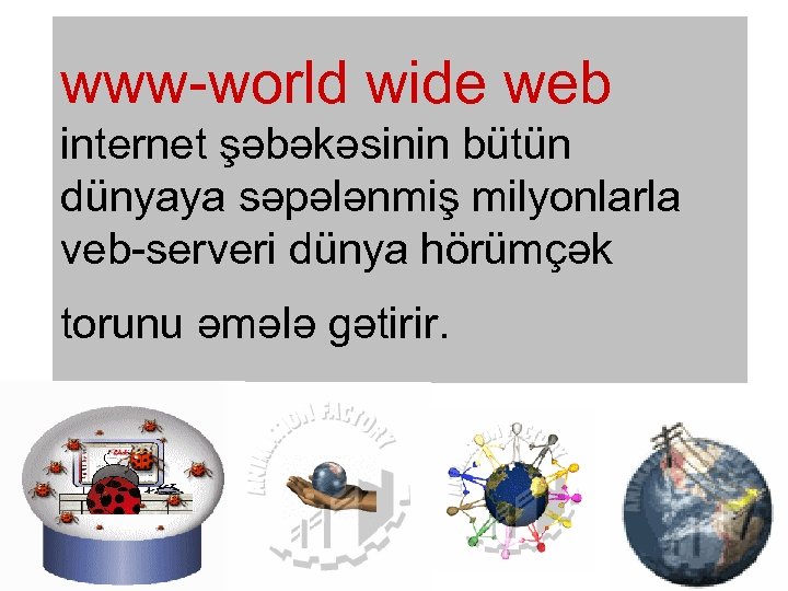 www-world wide web internet şəbəkəsinin bütün dünyaya səpələnmiş milyonlarla veb-serveri dünya hörümçək torunu əmələ