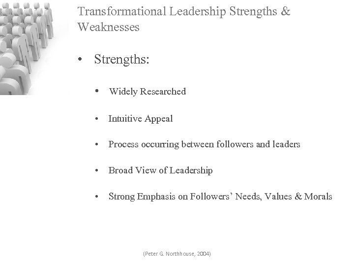 Transformational Leadership Strengths & Weaknesses • Strengths: • Widely Researched • Intuitive Appeal •