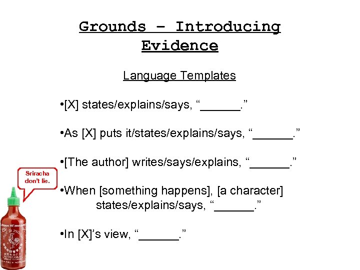Grounds – Introducing Evidence Language Templates • [X] states/explains/says, “______. ” • As [X]
