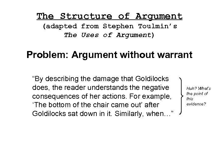 The Structure of Argument (adapted from Stephen Toulmin’s The Uses of Argument) Problem: Argument