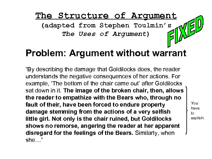 The Structure of Argument (adapted from Stephen Toulmin’s The Uses of Argument) Problem: Argument