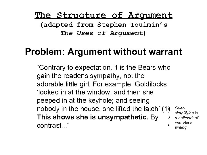 The Structure of Argument (adapted from Stephen Toulmin’s The Uses of Argument) Problem: Argument