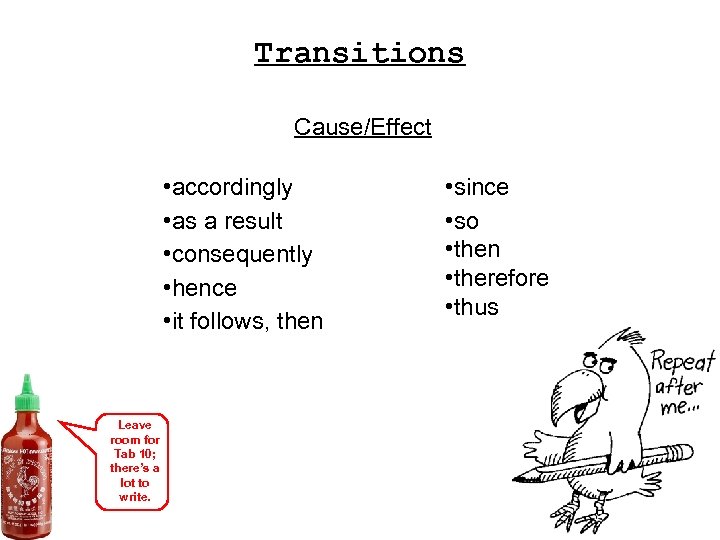 Transitions Cause/Effect • accordingly • as a result • consequently • hence • it