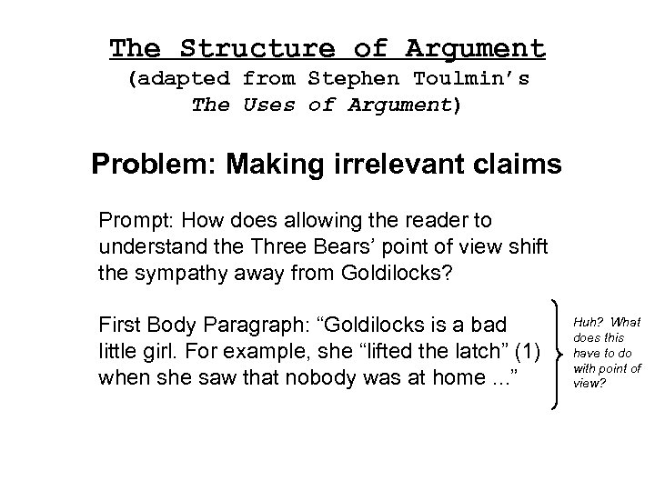 The Structure of Argument (adapted from Stephen Toulmin’s The Uses of Argument) Problem: Making