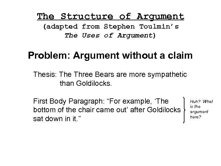 The Structure of Argument (adapted from Stephen Toulmin’s The Uses of Argument) Problem: Argument