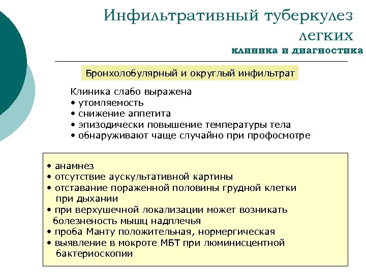 Инфильтративный туберкулез легких клиника и диагностика Бронхолобулярный и округлый инфильтрат Клиника слабо выражена •