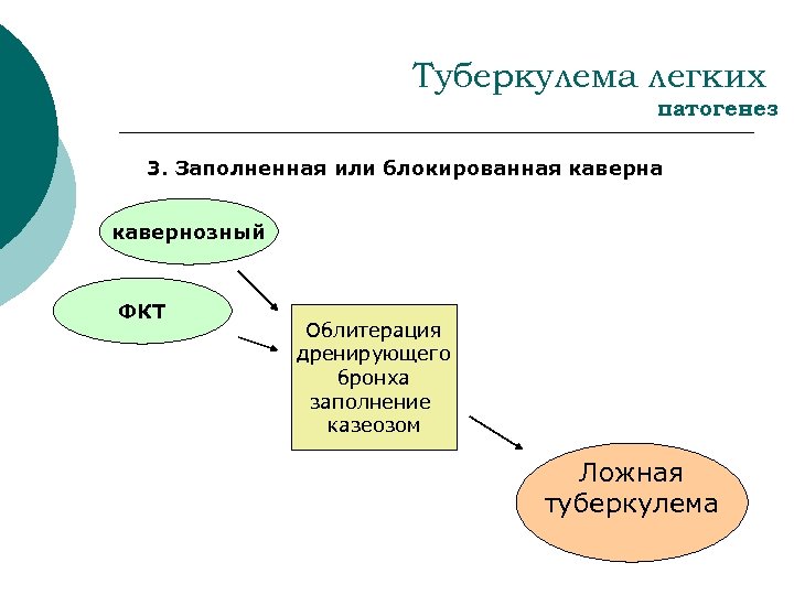 Туберкулема легких патогенез 3. Заполненная или блокированная каверна кавернозный ФКТ Облитерация дренирующего бронха заполнение