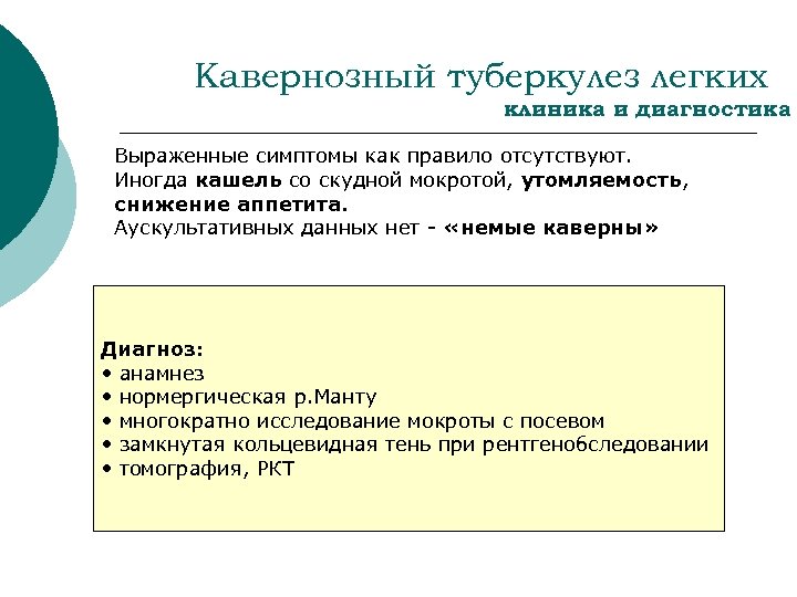 Кавернозный туберкулез легких клиника и диагностика Выраженные симптомы как правило отсутствуют. Иногда кашель со