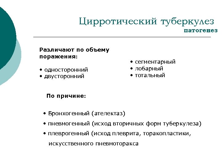 Цирротический туберкулез патогенез Различают по объему поражения: • односторонний • двусторонний • сегментарный •