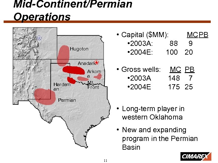 Mid-Continent/Permian Operations • Capital ($MM): MCPB • 2003 A: 88 9 • 2004 E: