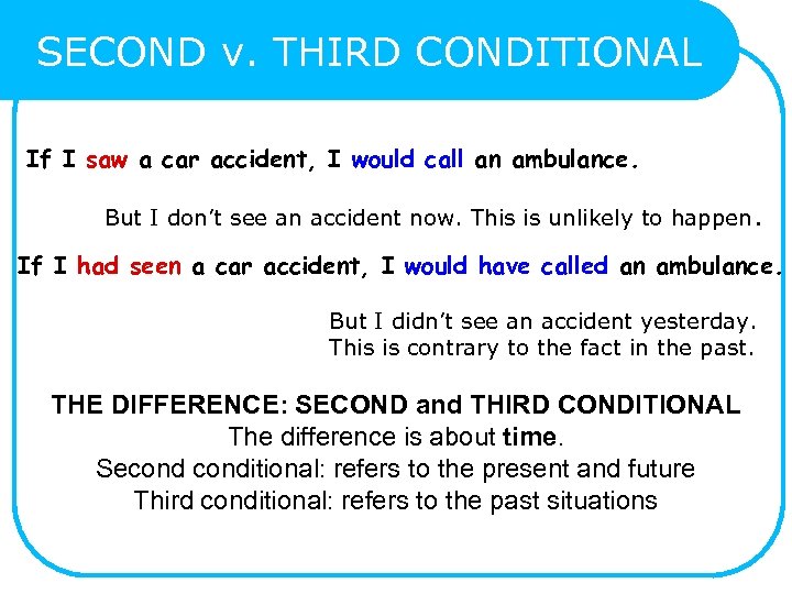 SECOND v. THIRD CONDITIONAL If I saw a car accident, I would call an