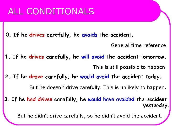 ALL CONDITIONALS 0. If he drives carefully, he avoids the accident. General time reference.