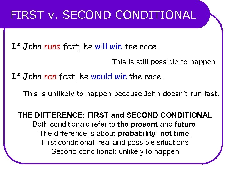 FIRST v. SECONDITIONAL If John runs fast, he will win the race. This is