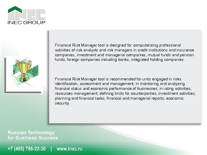 Financial Risk Manager tool is designed for computerizing professional activities of risk analysts and