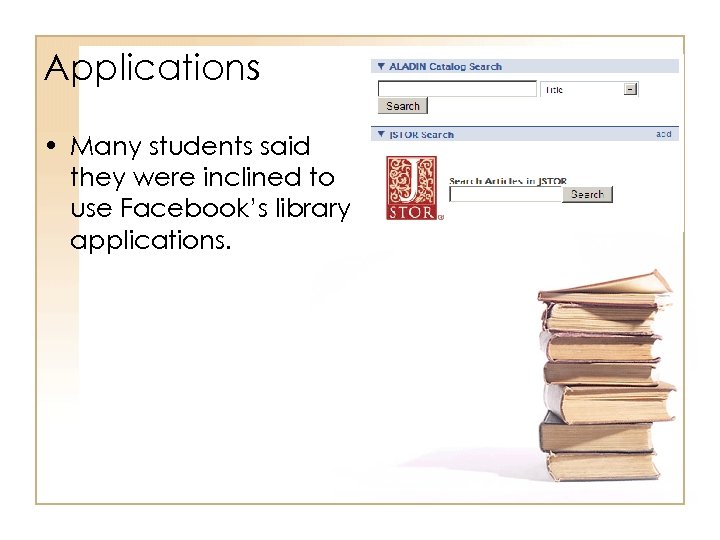 Applications • Many students said they were inclined to use Facebook’s library applications. 