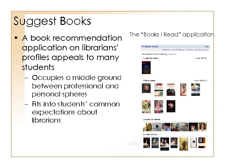 Suggest Books • A book recommendation application on librarians' profiles appeals to many students