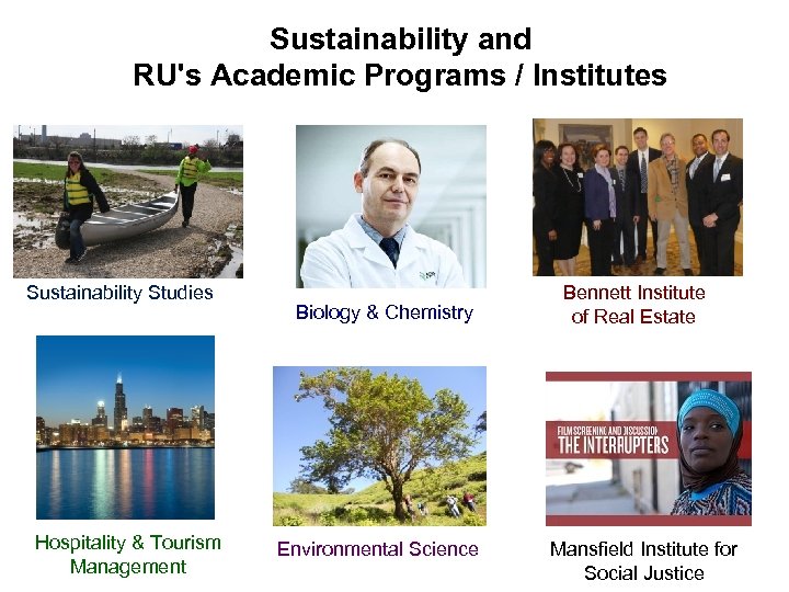 Sustainability and RU's Academic Programs / Institutes Sustainability Studies Hospitality & Tourism Management Biology