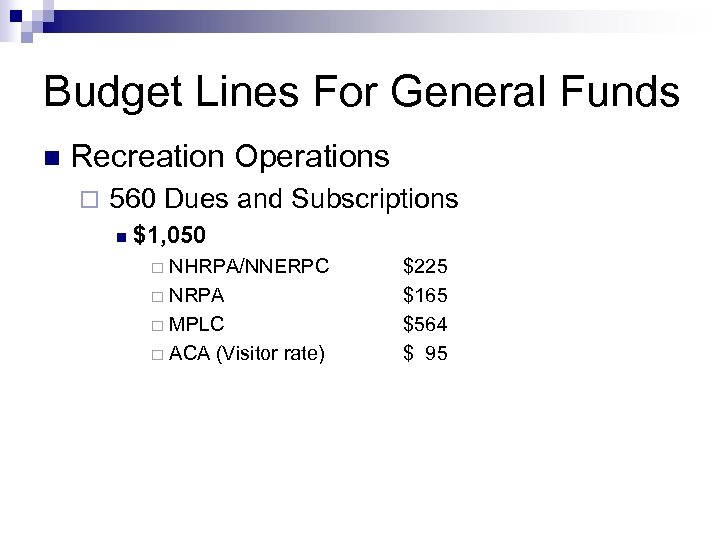 Budget Lines For General Funds n Recreation Operations ¨ 560 Dues and Subscriptions n