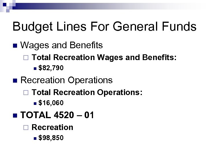 Budget Lines For General Funds n Wages and Benefits ¨ Total Recreation Wages and
