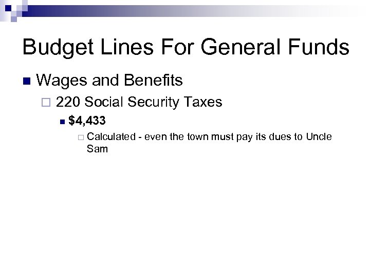Budget Lines For General Funds n Wages and Benefits ¨ 220 Social Security Taxes