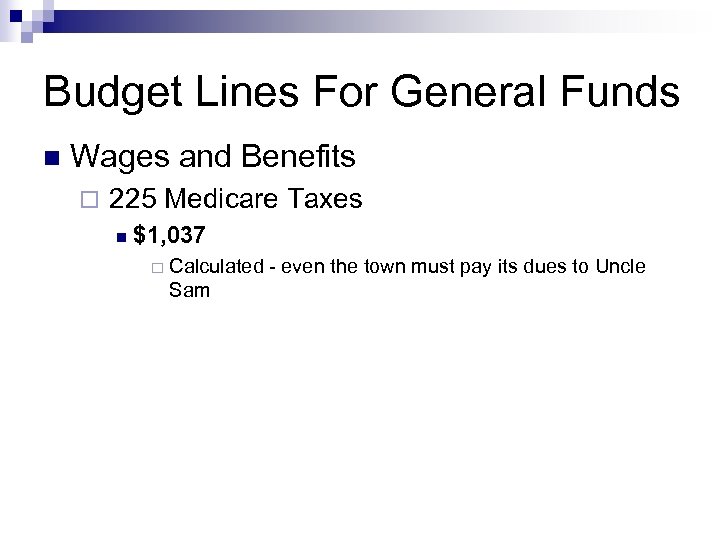 Budget Lines For General Funds n Wages and Benefits ¨ 225 Medicare Taxes n
