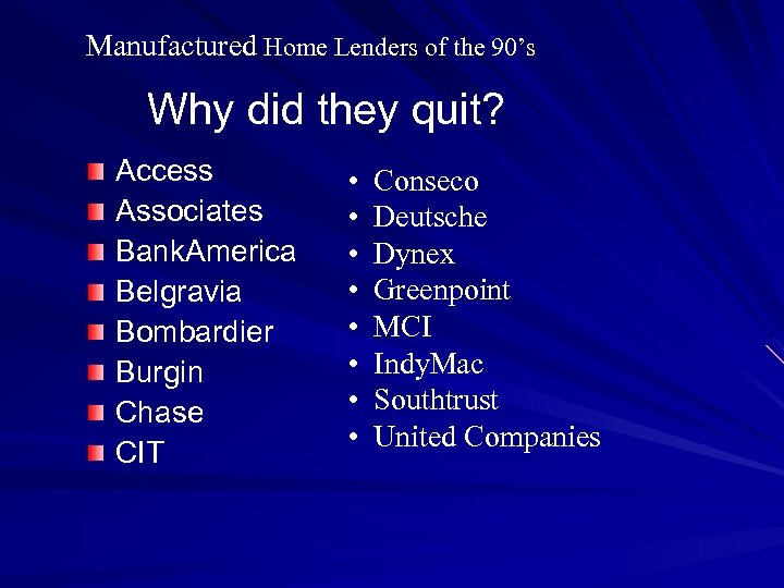 Manufactured Home Lenders of the 90’s Why did they quit? Access Associates Bank. America