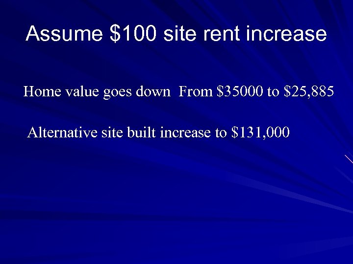 Assume $100 site rent increase Home value goes down From $35000 to $25, 885