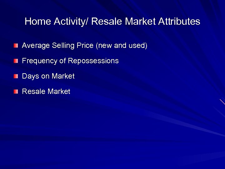 Home Activity/ Resale Market Attributes Average Selling Price (new and used) Frequency of Repossessions