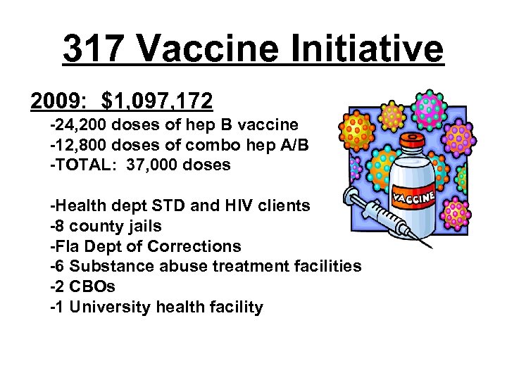 317 Vaccine Initiative 2009: $1, 097, 172 -24, 200 doses of hep B vaccine