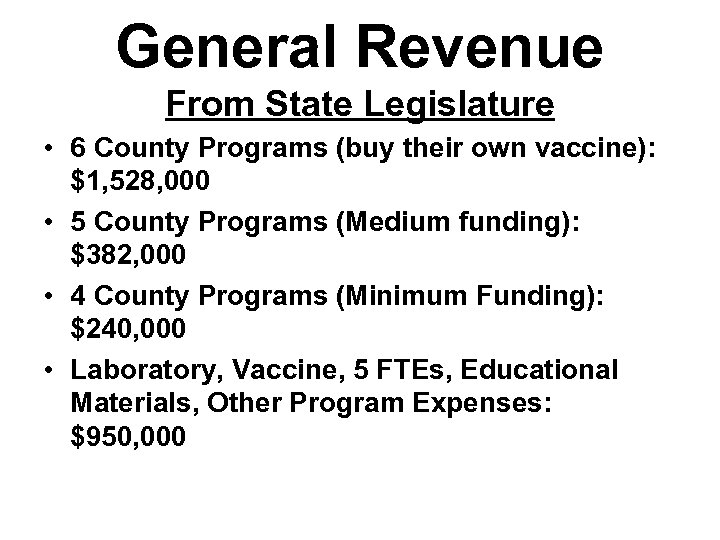 General Revenue From State Legislature • 6 County Programs (buy their own vaccine): $1,