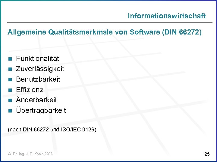 Informationswirtschaft Allgemeine Qualitätsmerkmale von Software (DIN 66272) n n n Funktionalität Zuverlässigkeit Benutzbarkeit Effizienz