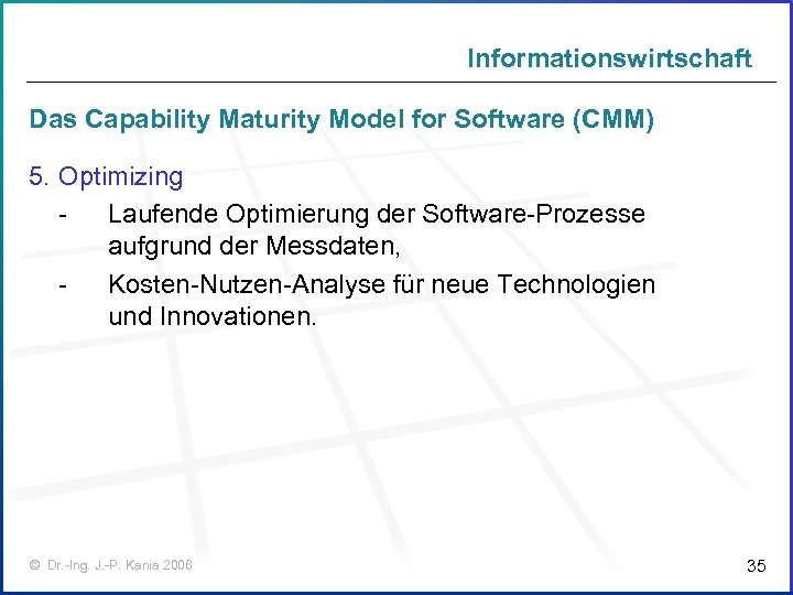 Informationswirtschaft Das Capability Maturity Model for Software (CMM) 5. Optimizing Laufende Optimierung der Software-Prozesse