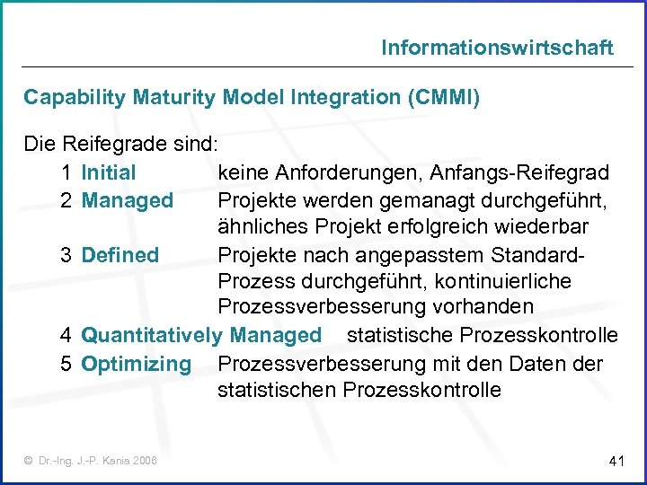 Informationswirtschaft Capability Maturity Model Integration (CMMI) Die Reifegrade sind: 1 Initial keine Anforderungen, Anfangs-Reifegrad