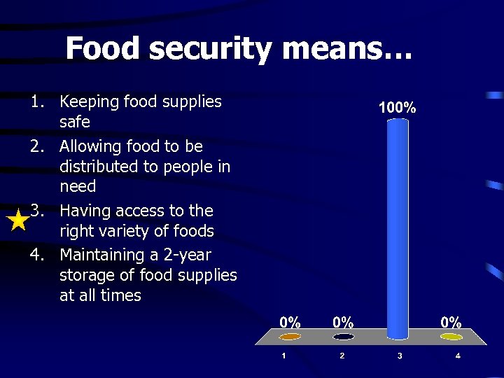 Food security means… 1. Keeping food supplies safe 2. Allowing food to be distributed