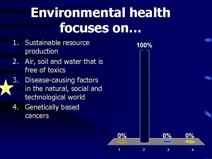 Environmental health focuses on… 1. Sustainable resource production 2. Air, soil and water that