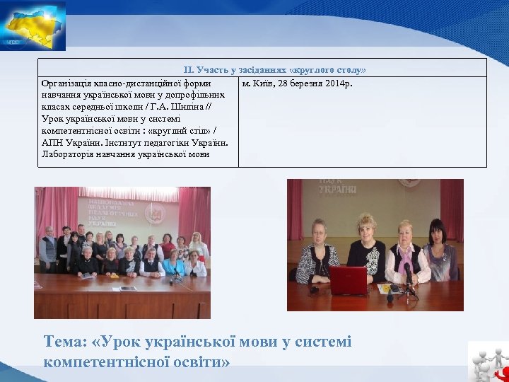 ІІ. Участь у засіданнях «круглого столу» Організація класно-дистанційної форми м. Київ, 28 березня 2014