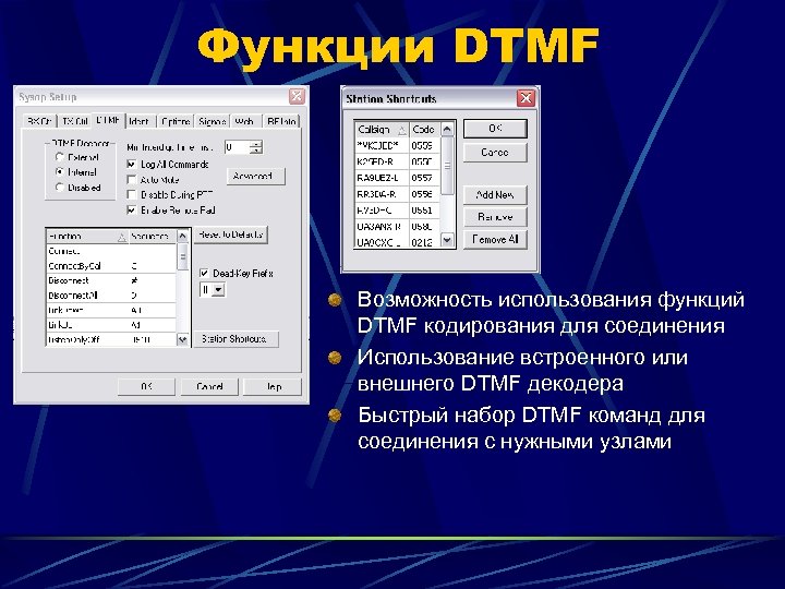 Функции DTMF Возможность использования функций DTMF кодирования для соединения Использование встроенного или внешнего DTMF