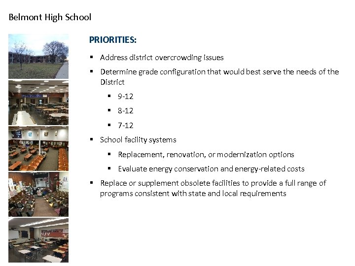 Belmont High School PRIORITIES: § Address district overcrowding issues § Determine grade configuration that