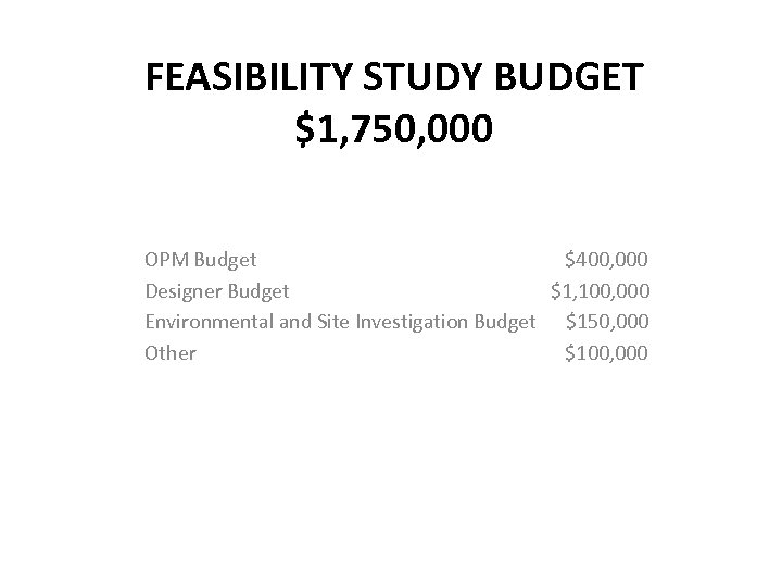 FEASIBILITY STUDY BUDGET $1, 750, 000 OPM Budget $400, 000 Designer Budget $1, 100,