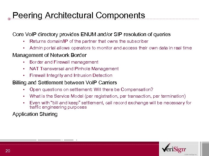 Peering Architectural Components Core Vo. IP directory provides ENUM and/or SIP resolution of queries