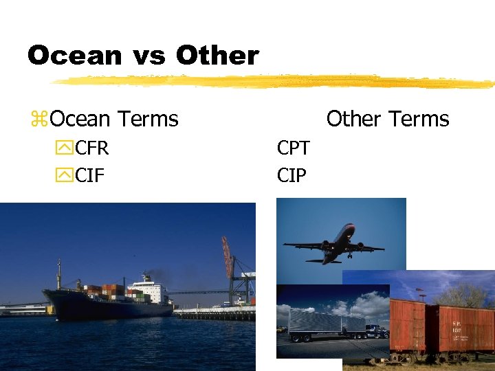 Ocean vs Other z. Ocean Terms y. CFR y. CIF Other Terms CPT CIP