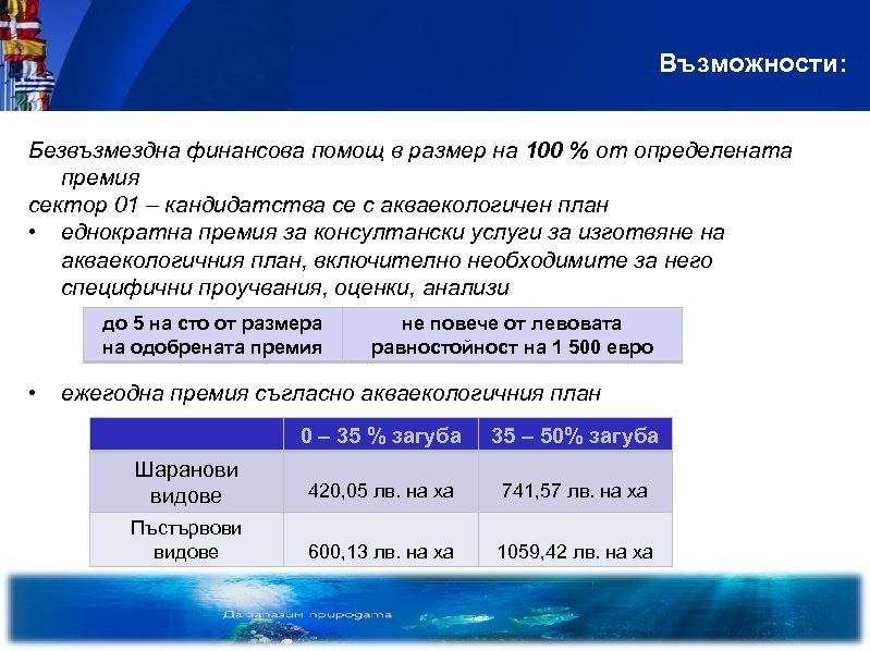 Възможности: Безвъзмездна финансова помощ в размер на 100 % от определената премия сектор 01