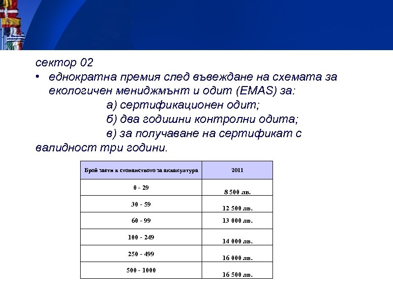 сектор 02 • еднократна премия след въвежданe на схемата за екологичен мениджмънт и одит