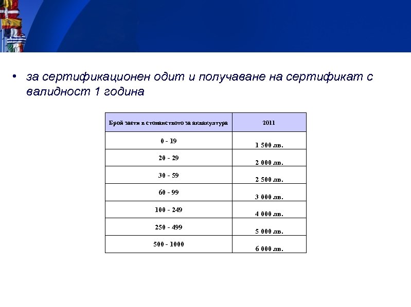  • за сертификационен одит и получаване на сертификат с валидност 1 година Брой